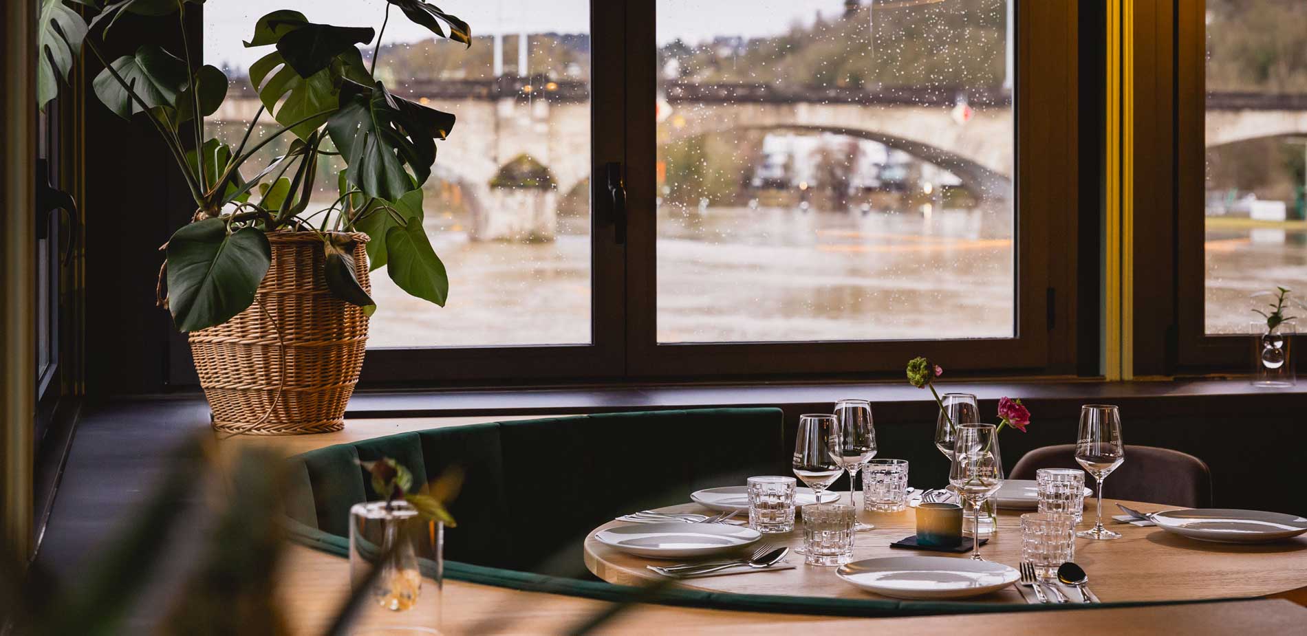 Ausblick von der Mainkuh auf die alte Mainbrücke in Würzburg
